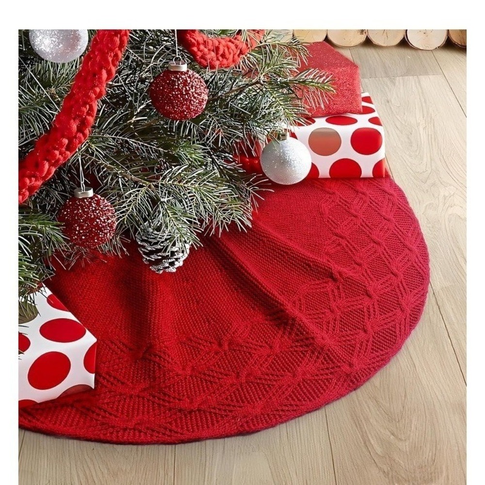 24 Inches Red Knitted Christmas Tree Skirt Vintage Knit Rustic C1084
